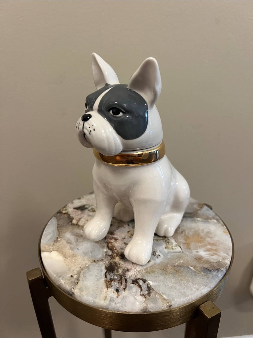 NWT Anthropologie Ceramic French Bulldog Canister Jar Gold Collar